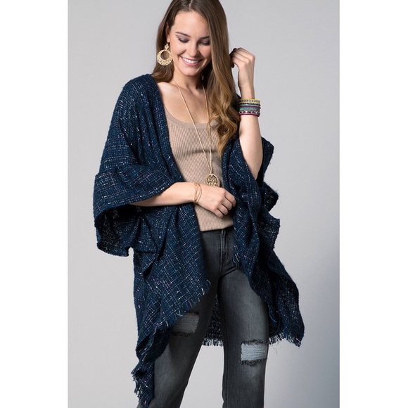 Carissa Navy Metallic Tweed Ruffle Kimono Top - Picture 2 of 7